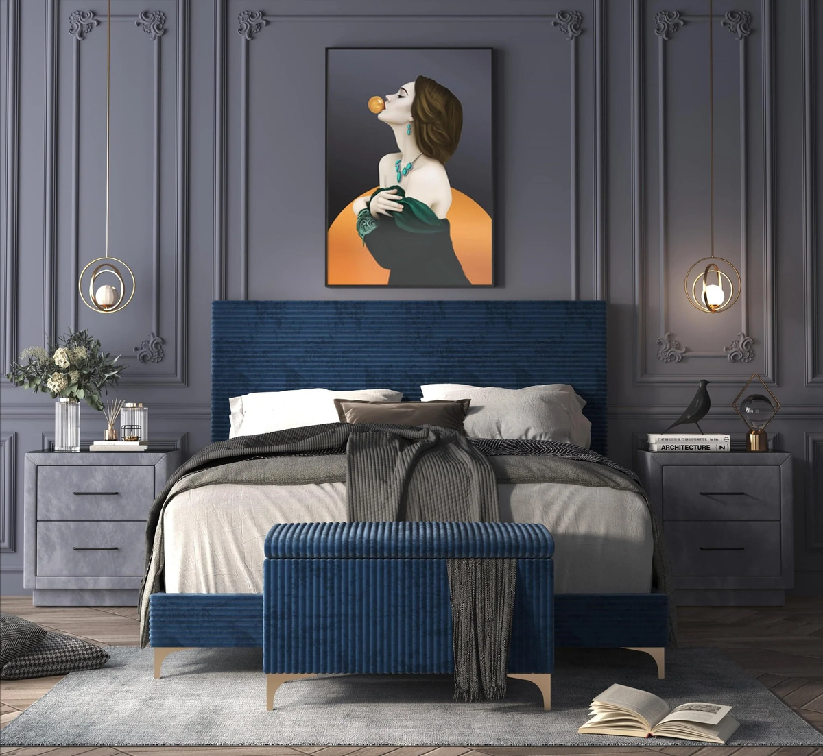 Navy Blue 14-Piece 3-Room Furniture Package with Sectional, Queen Bed & 7-Piece Dining Set