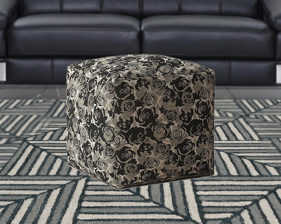 Canvas Floral Pouf Cover - Beige