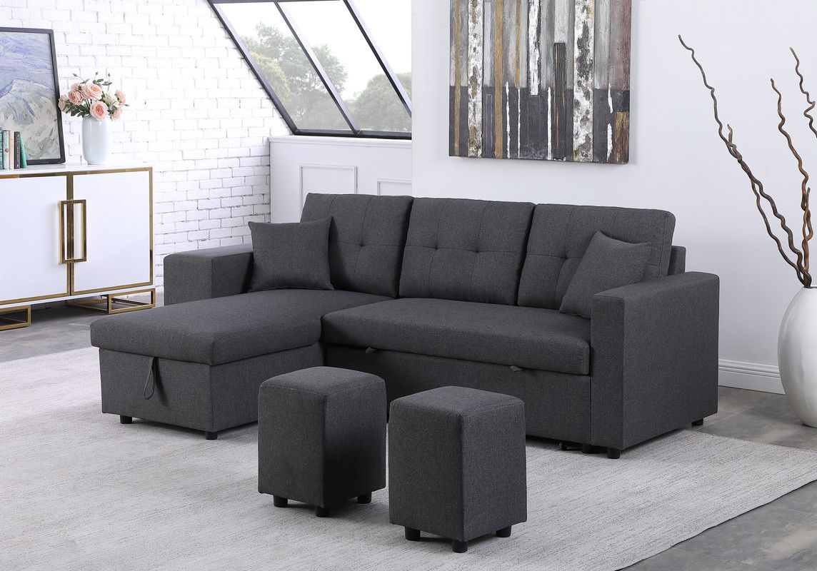 Dennis - Linen Fabric Reversible Sleeper Sectional With Storage Chaise And 2 Stools