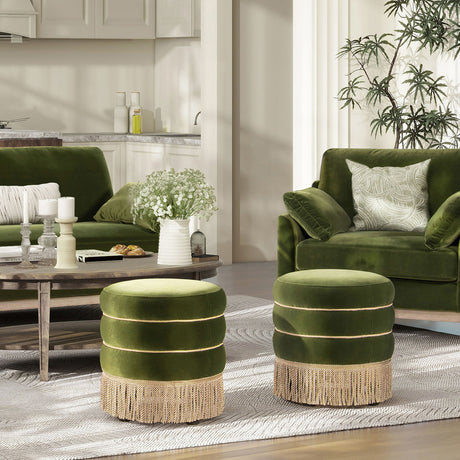 Edward - Round Upholstered Ottoman With Bullion Fringe - Olive Green - view 3