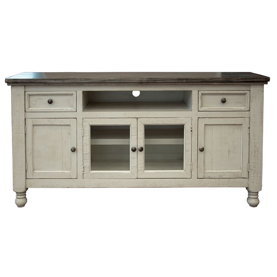 Solid Wood Open Shelving Distressed, TV Stand - Ivory