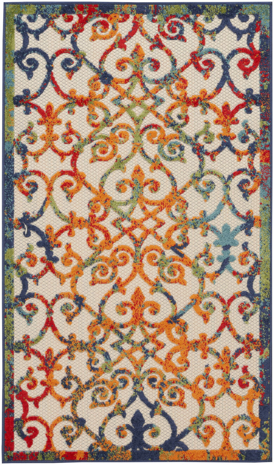 3' X 5' Non Skid Indoor / Outdoor Area Rug - Orange Blue / Green Damask