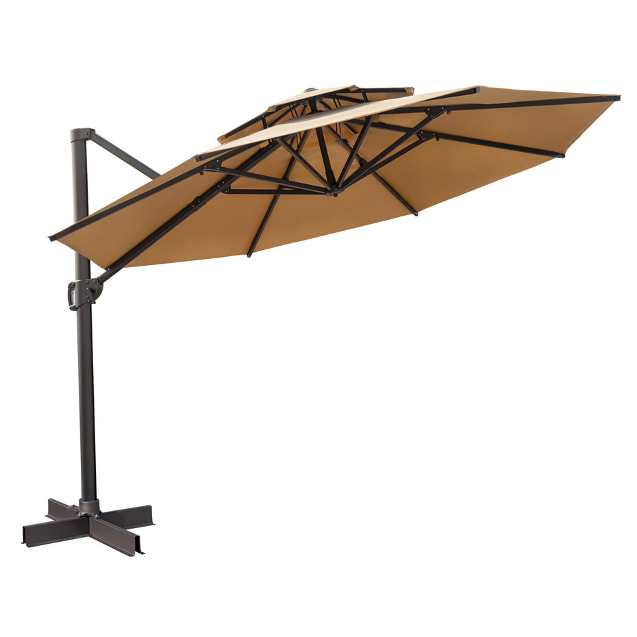 Polyester Round Tilt Cantilever Patio Umbrella With Stand - Tan