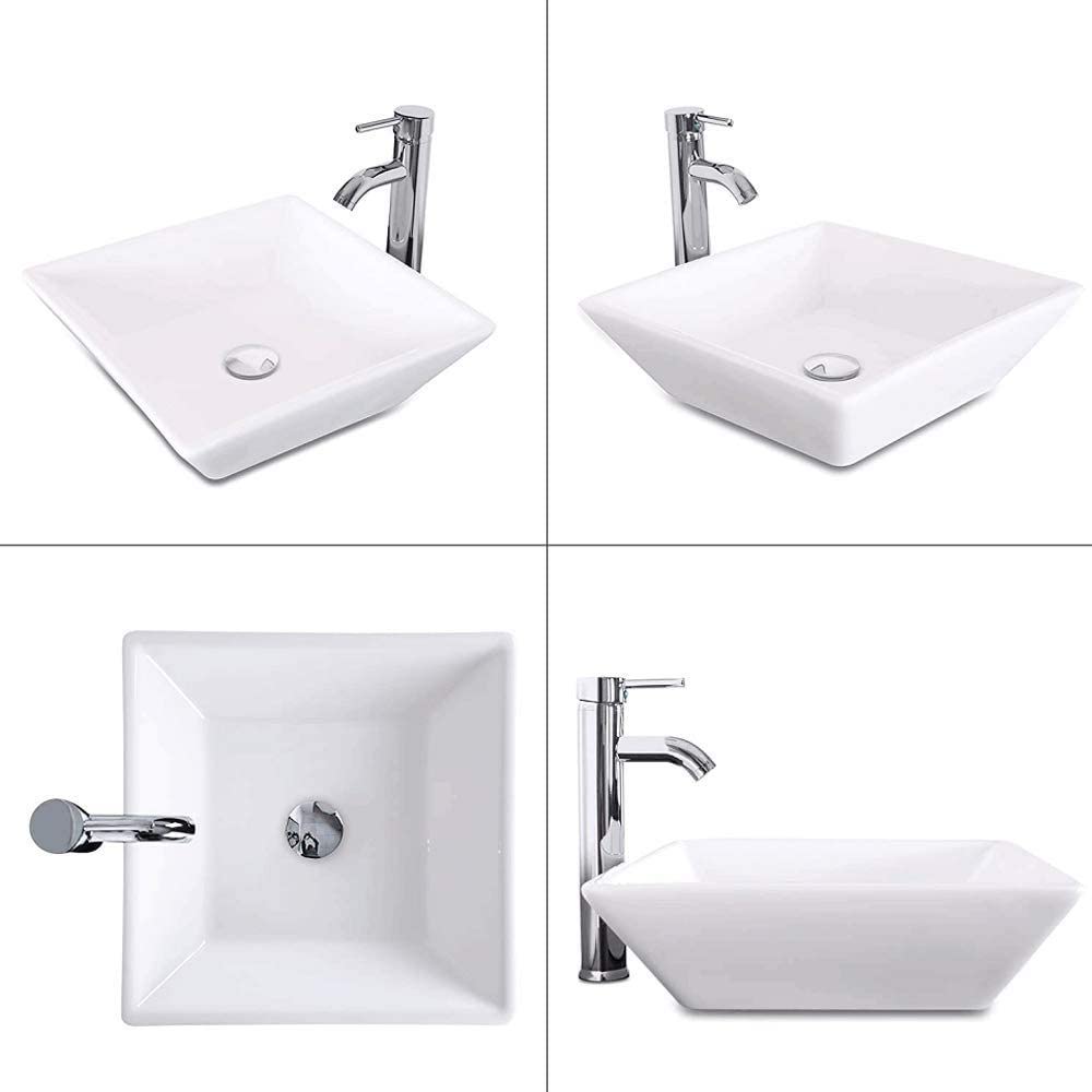 Square Bathroom Vessel Sink - White Porcelain Counter Bowl For Bathroom Vanity - White