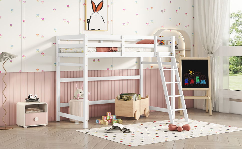 High Loft Bed With Inclined Ladder, Guardrails