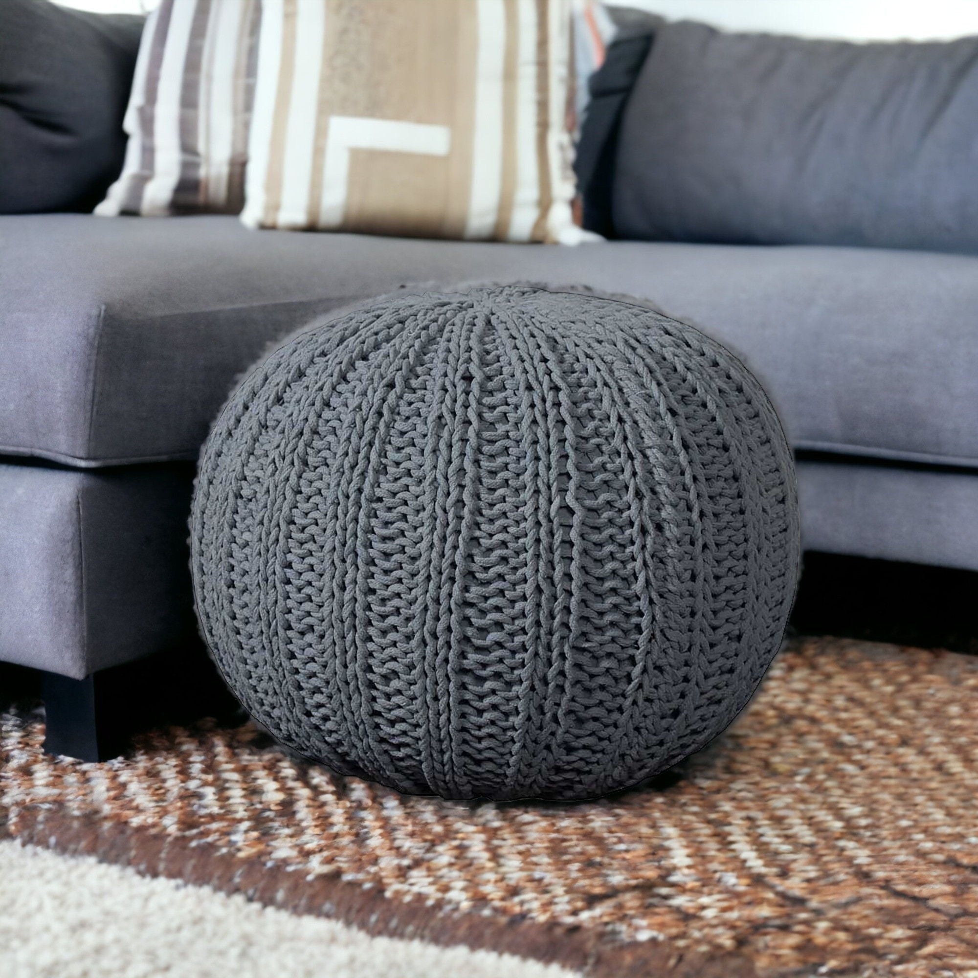 Cotton Round Ottoman - Gray