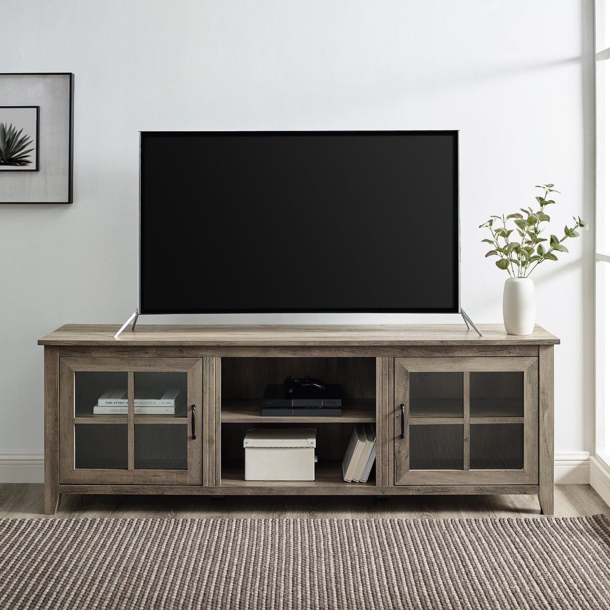 Modern Farmhouse 2 Door Glass Windowpane 70" TV Stand For 80" TVs by Walker Edison | Bel Furniture