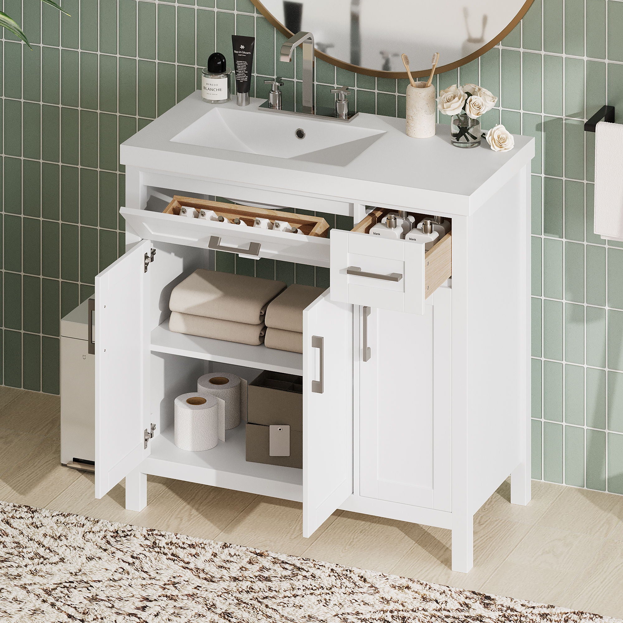 Bathroom Vanity Cabinet With Resin Integrated Sink - 2 Drawers, 3 Doors