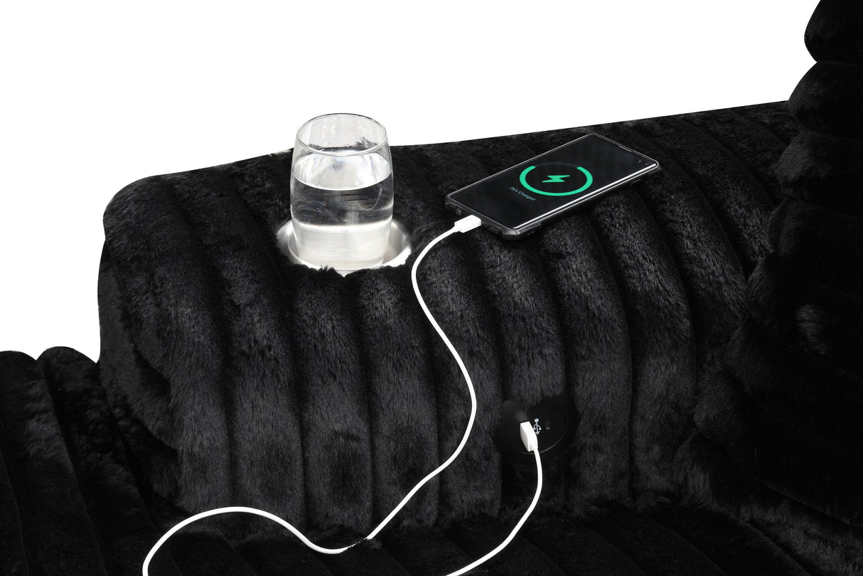 Midnight Black Plush Double Chaise Lounge with USB Port & Cup Holder