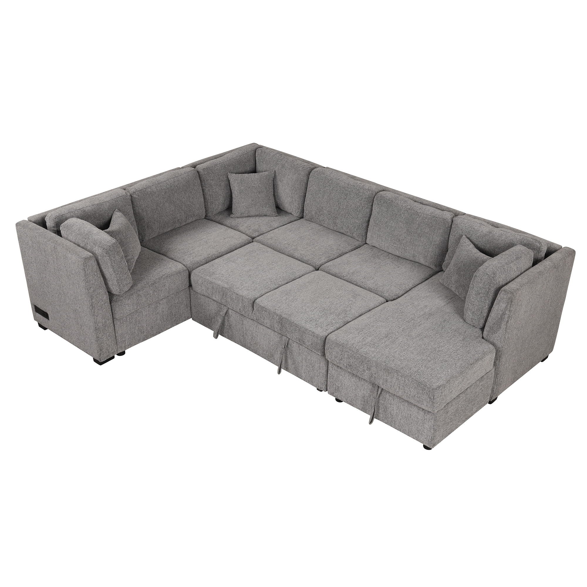 U-Shaped Sectional Sofa Pull Out Sofa Bed With Two USB Ports, Two Power Sockets, Three Back Pillows And A Storage Chaise For Living Room