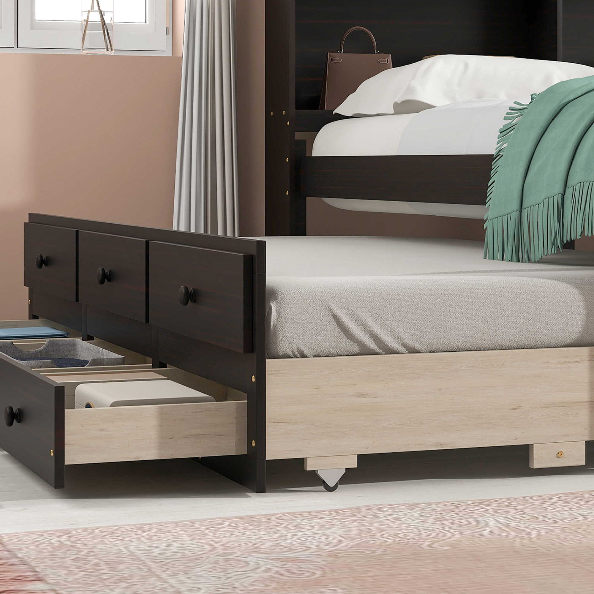 Bed With Bookcase, Twin Trundle, Drawers