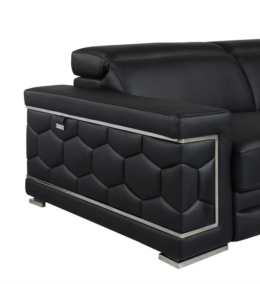 Genuine Leather Love Seat - Black / Silver