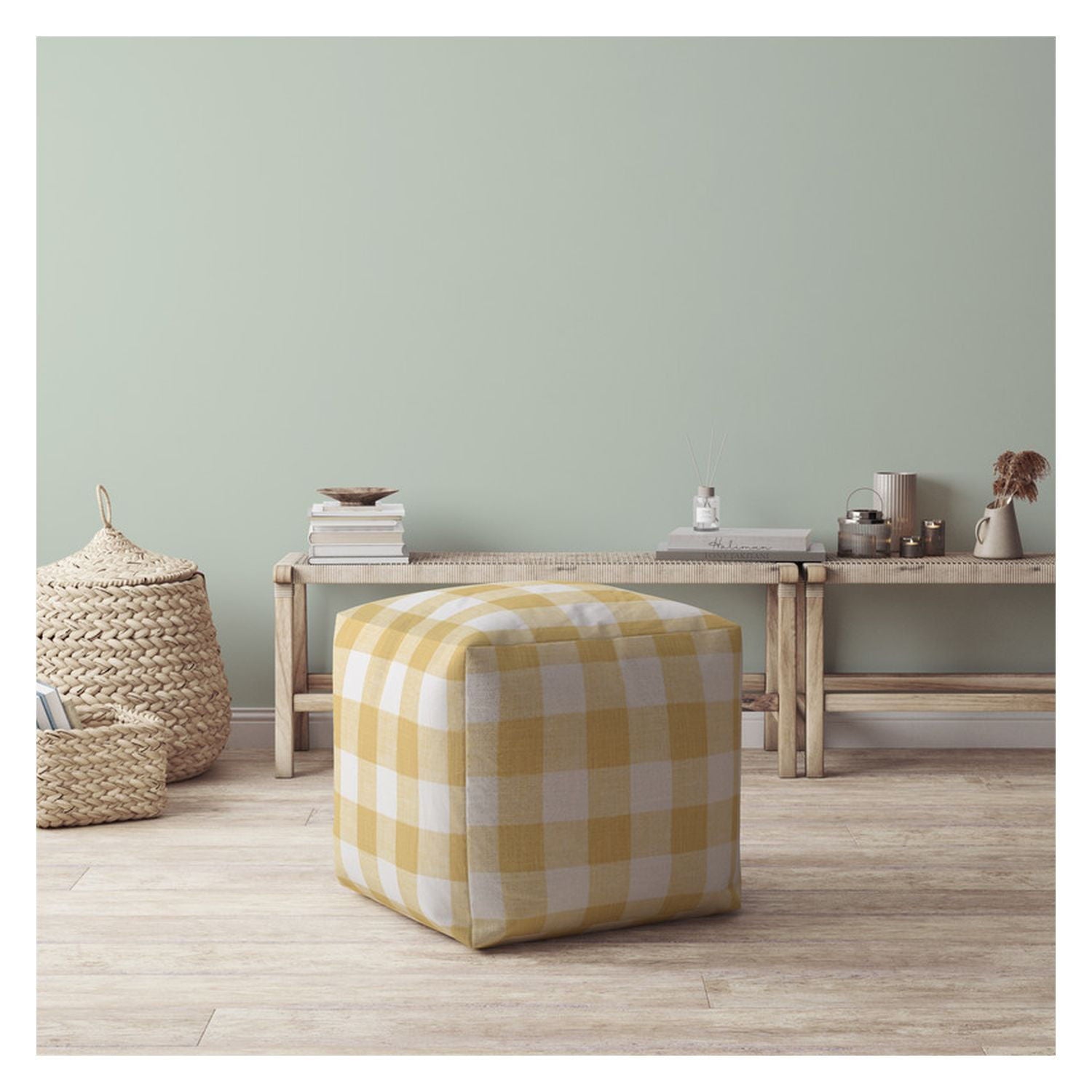 Canvas Gingham Pouf Cover - Yellow / White