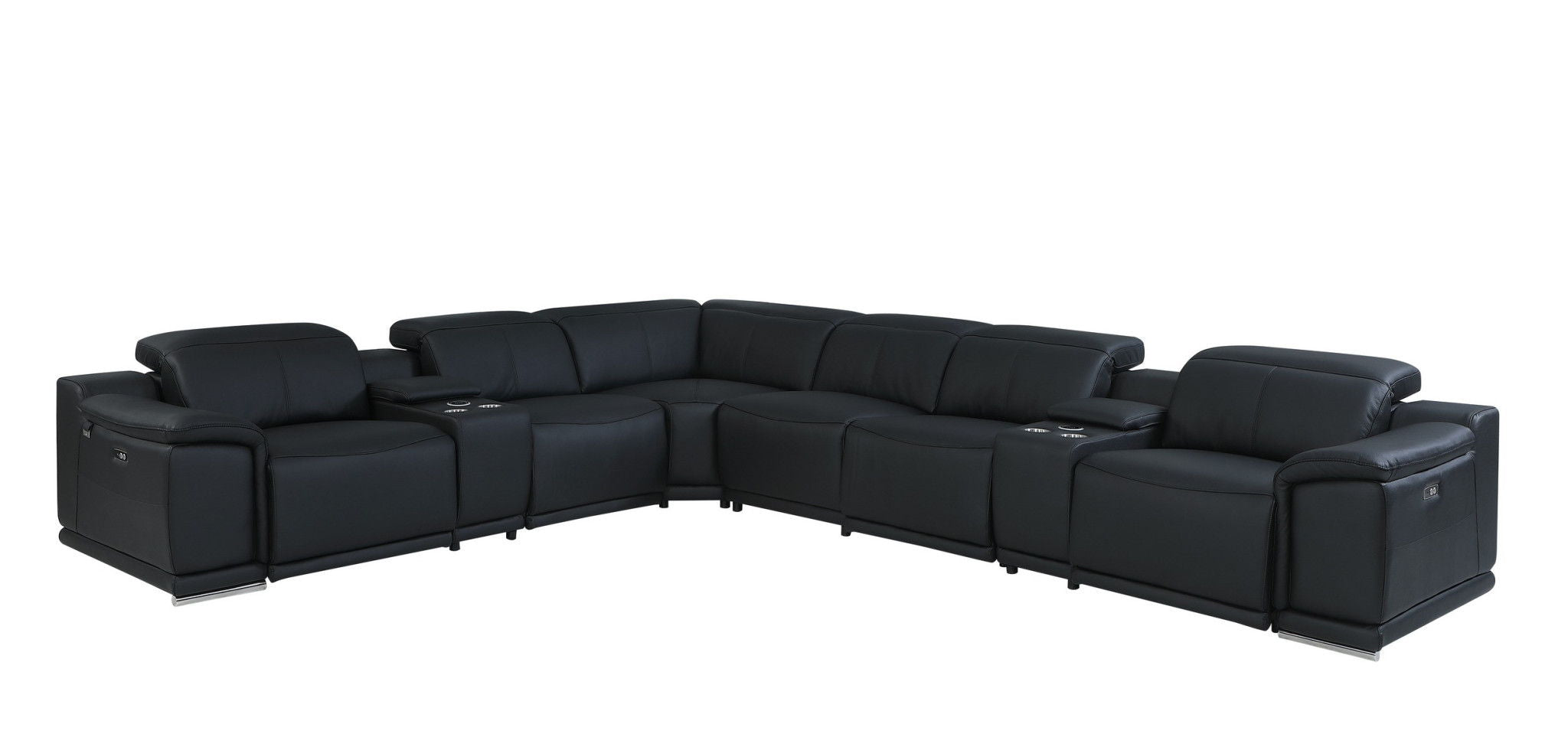 Italian Leather Power Reclining U Shaped Eight Piece Corner Sectional With Console - Black