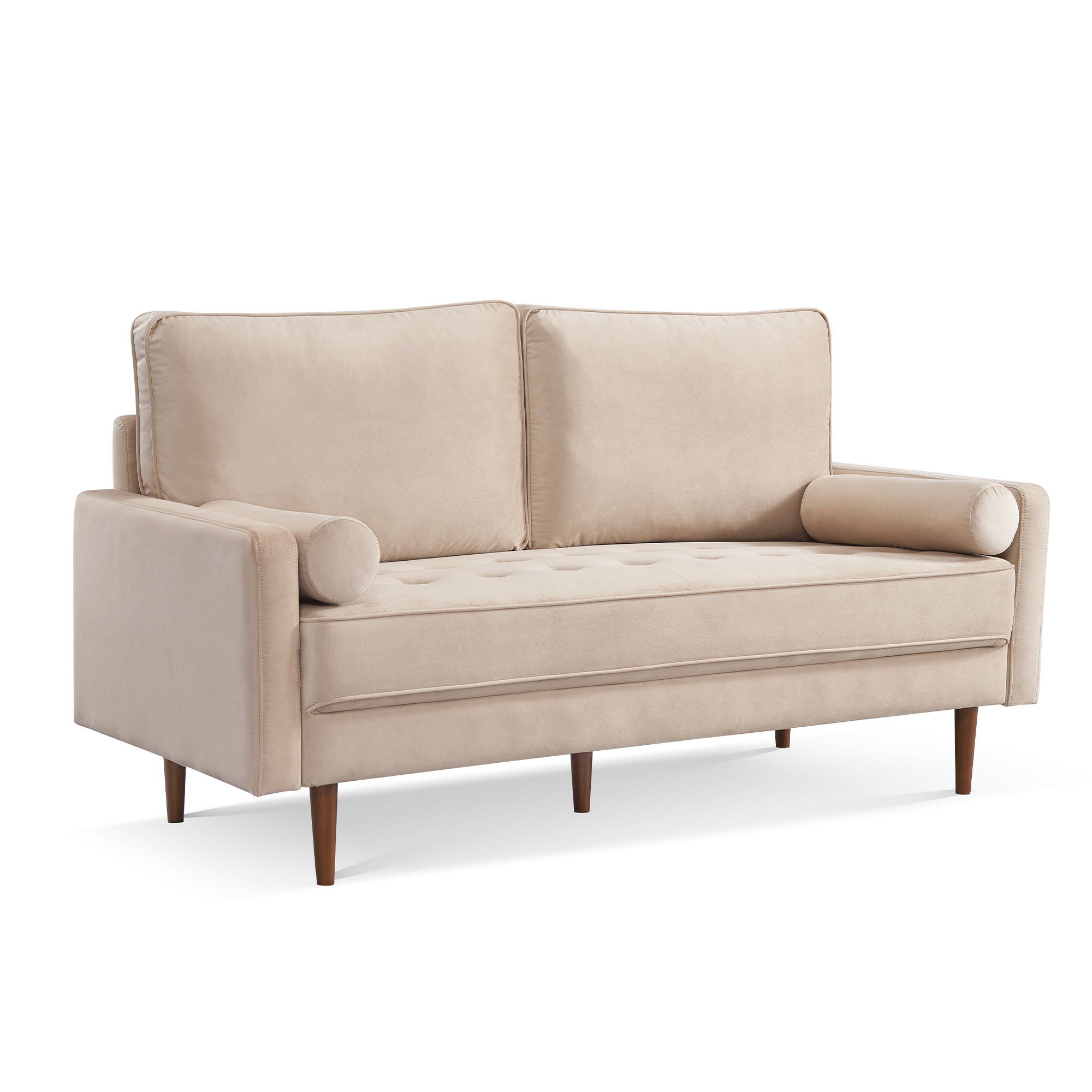 Velvet Sofa And Toss Pillows With Dark Brown Legs - Beige