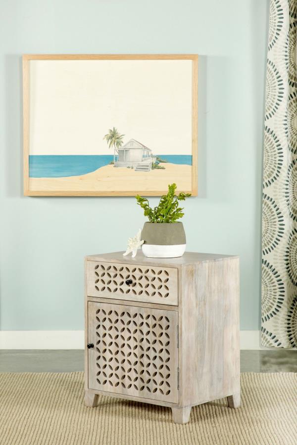 August - 1-Drawer Trellis Pattern Storage Cabinet - White Washed by CoasterEssence | Bel Furniture
