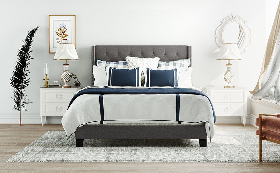 Upholstered Platform Bed With Classic Headboard, No Box Spring Needed