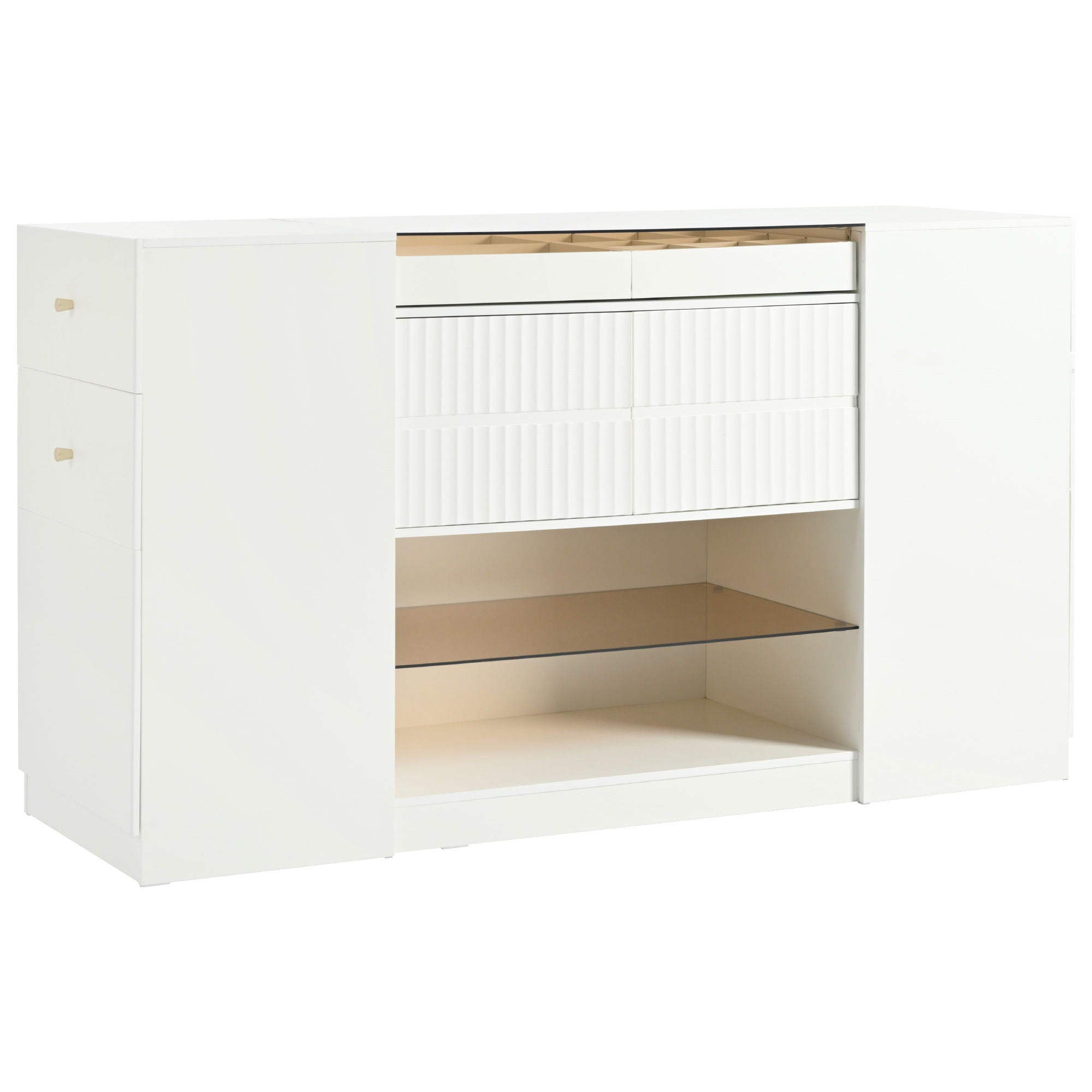 Modern Luxury Multi-Functional Island Vanity Dresser And Storage Cabinet With Glass Tabletop, Display Shelf, 6 Drawers For Walk In Wardrobe And Bedroom - Cream White