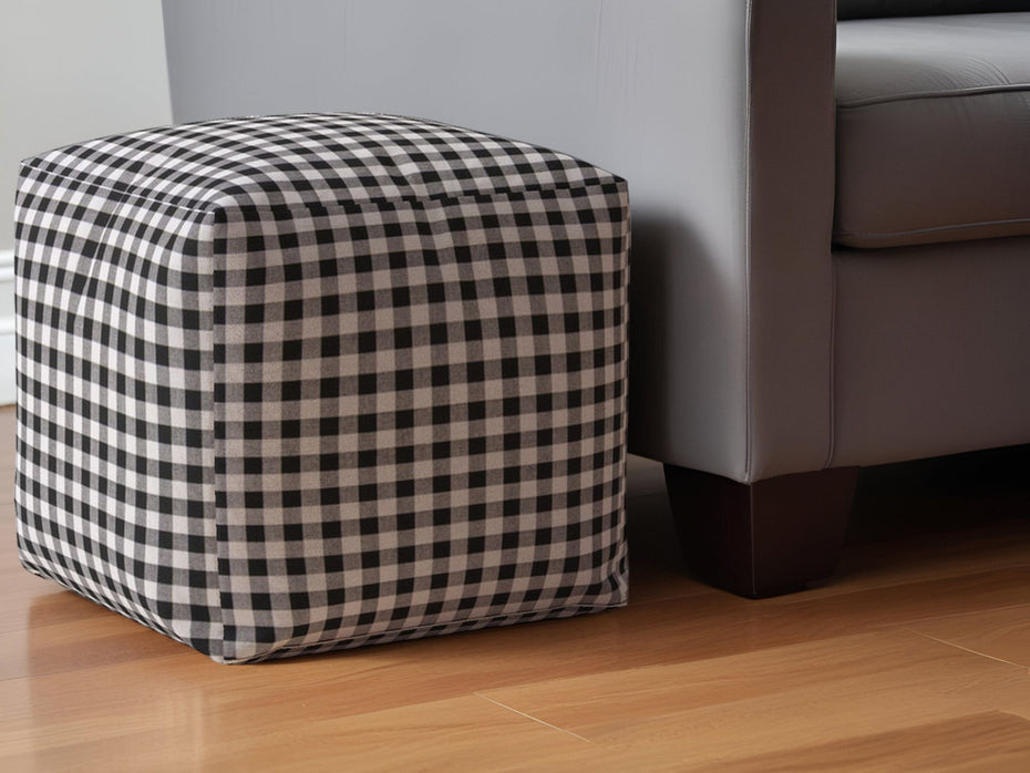 Cotton Gingham Pouf Ottoman - Gray / Black