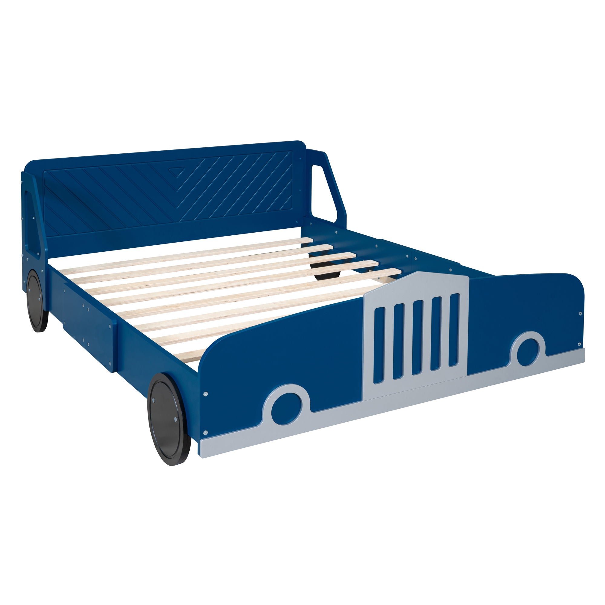 Full Size Car-Shaped Platform Bed With Wheels - Blue