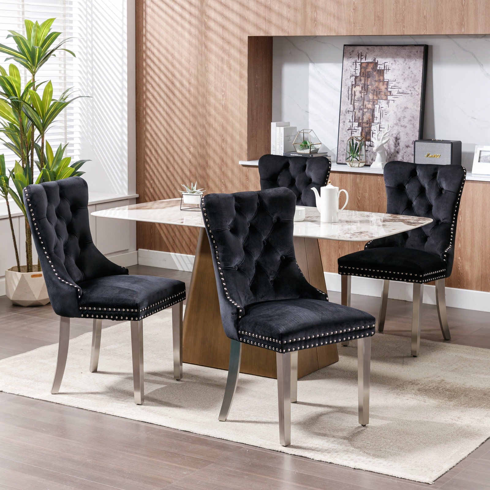 Nikki - Modern, High-End Tufted Solid Wood Contemporary Velvet Upholstered Dining Chair With Chrome Stainless Steel Plating Legs, Nailhead Trim (Set of 2)