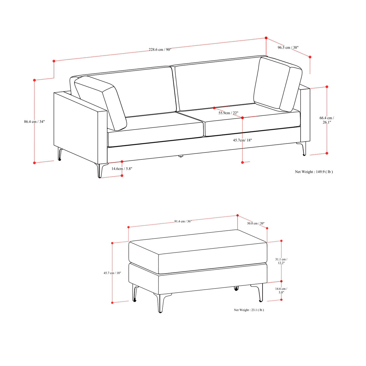 Ava - Mid Century Sofa With Ottoman Set