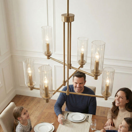 Timeless - 6 Lights Chandelier With Clear Ribbed Satin - Antique Brass / Clear / Gold - view 4