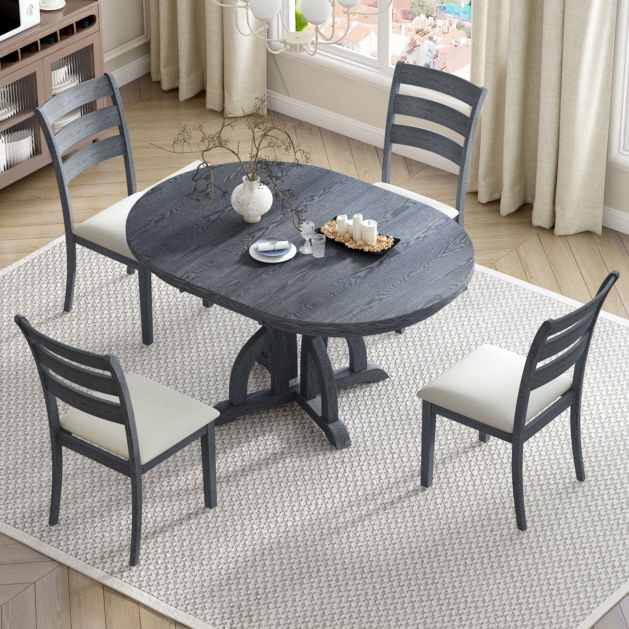 Topmax - 5 Piece Farmhouse Round Pedestal Extending Dining Table Set Extendable Kitchen Table Set With Removable Leaf And Ladder Back Dining Chairs For Small Places