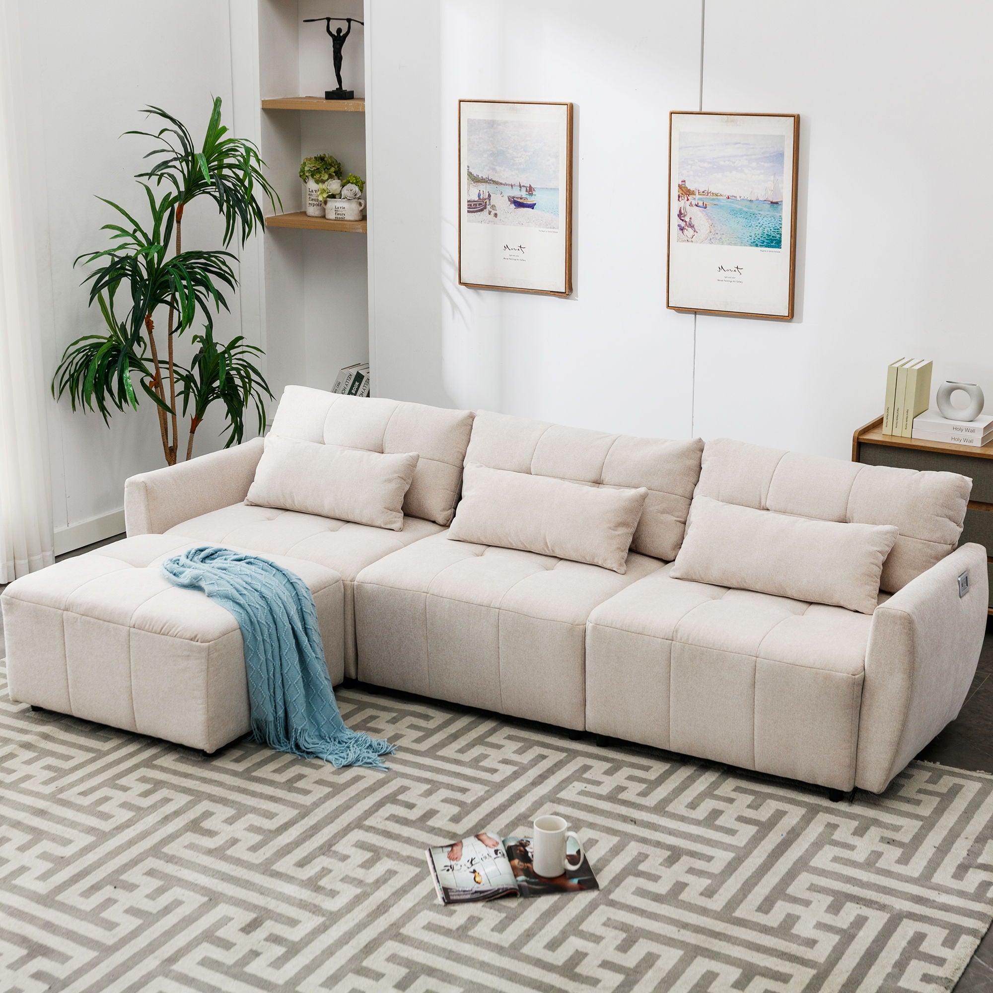 Convertible Sectional Sofa Couch 3 Seat L-Shaped Sofa With Movable Ottoman And USB For Apartment, Living Room, Bedroom