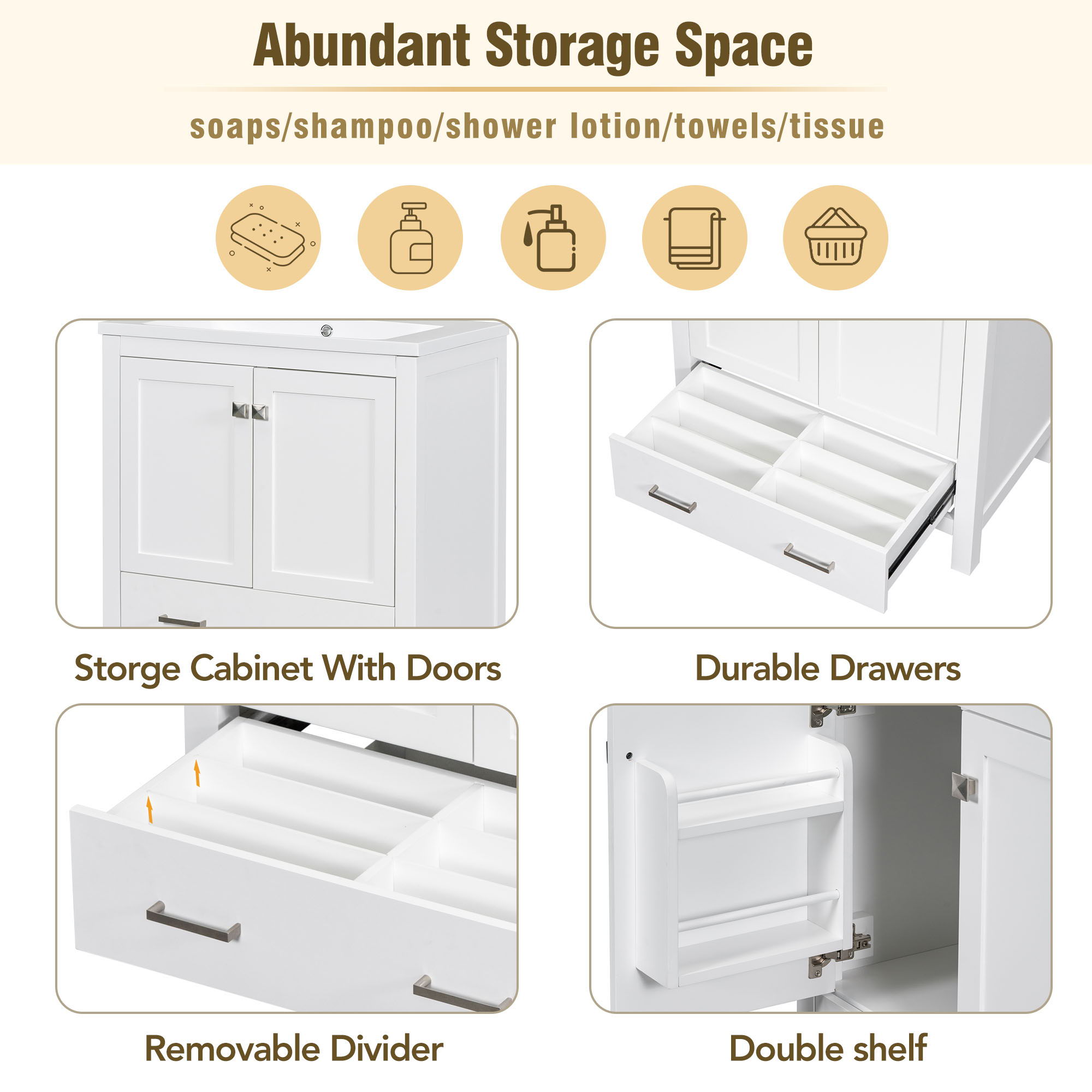 Bathroom Vanity With Single Sink, Combo Cabinet Undermount Sink, Bathroom Storage Cabinet With 2 Doors And A Drawer, Soft Closing, Multifunctional Storage, Solid Wood Frame