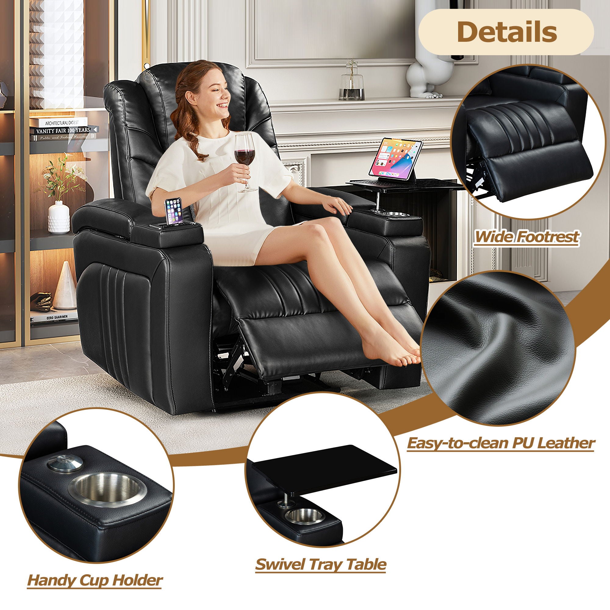 Power Recliner Home Theater Recliner With Power Adjustable Headrest, Wireless Charging Device, USB Port, Storage Arms, Cup Holder And Swivel Tray Table For Living Room