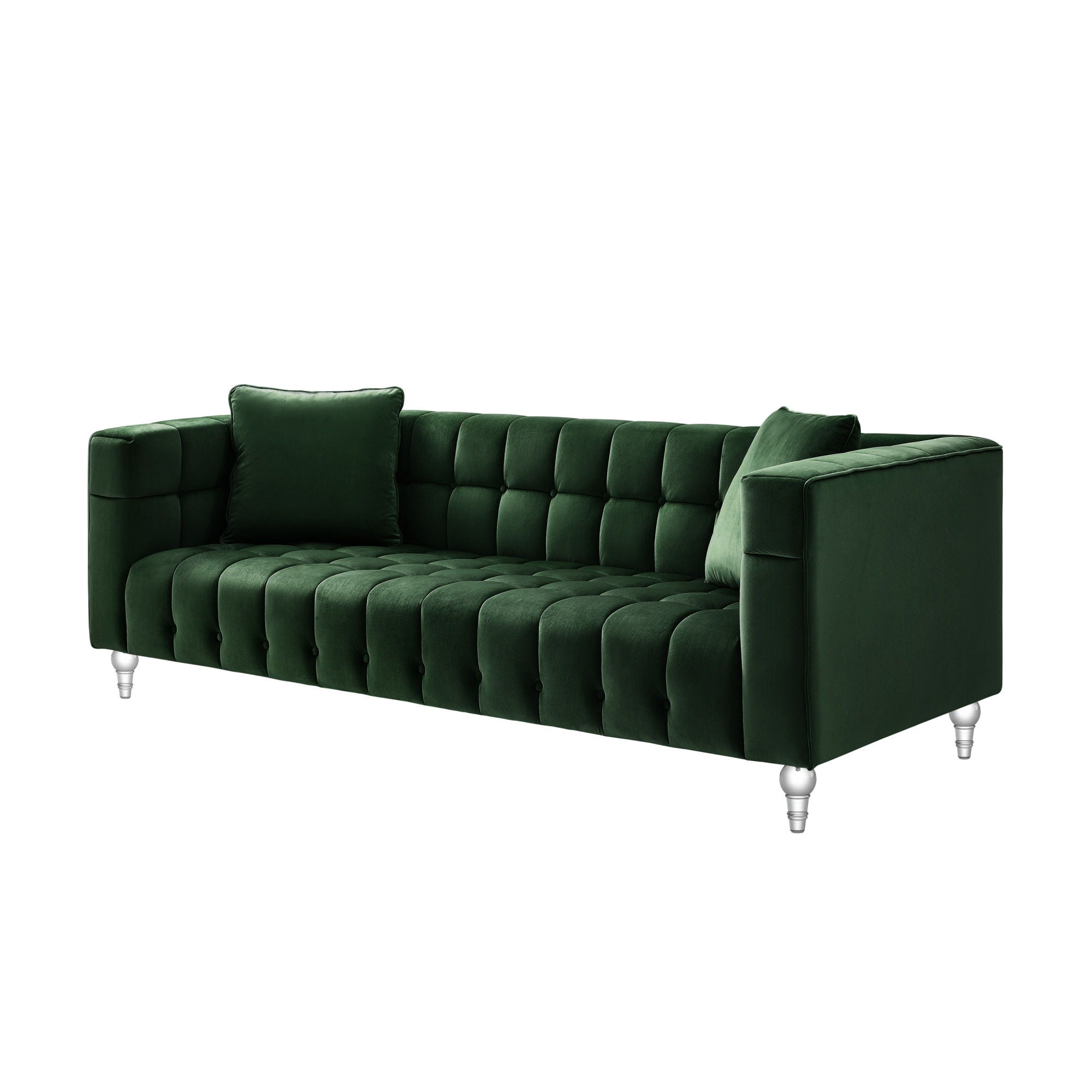 Velvet Sofa And Toss Pillows With Clear Legs - Hunter Green