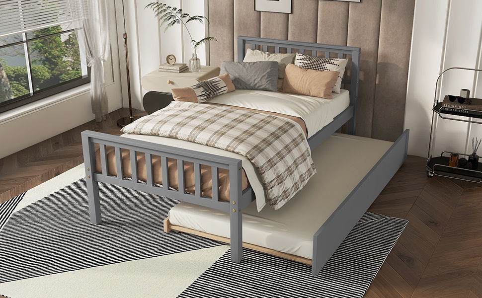 Twin Bed With Trundle, Platform Bed Frame With Headboard And Footboard, For Bedroom Small Living Space, No Box Spring Needed