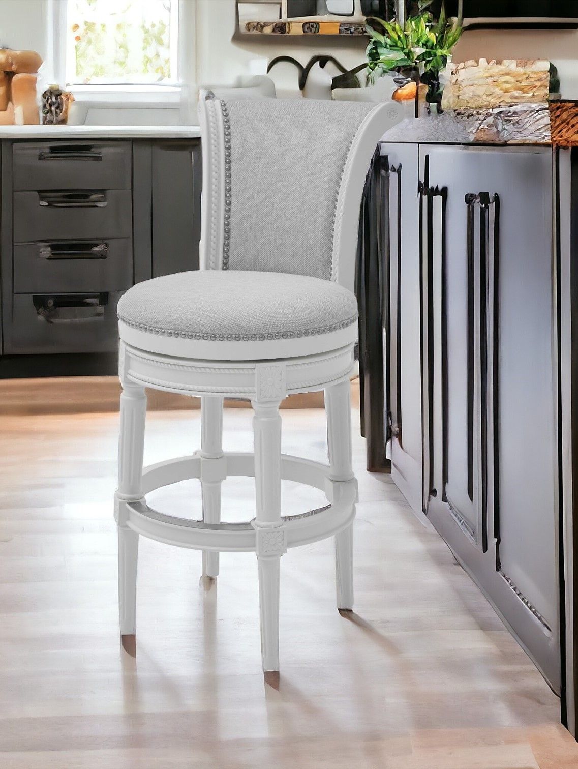 Solid Wood Bar Chair - Light Gray / White