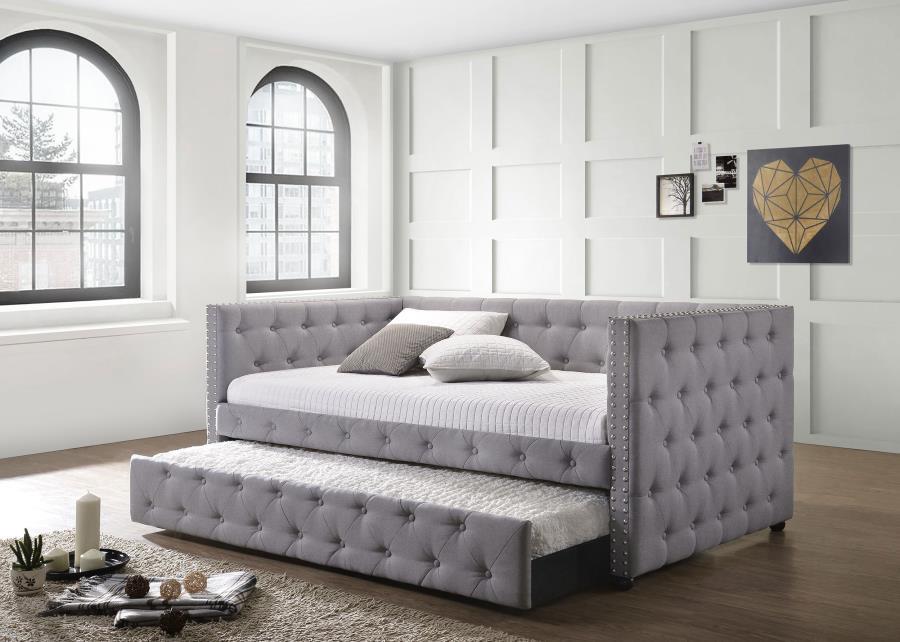 Mockern - Tufted Upholstered Daybed With Trundle - Gray