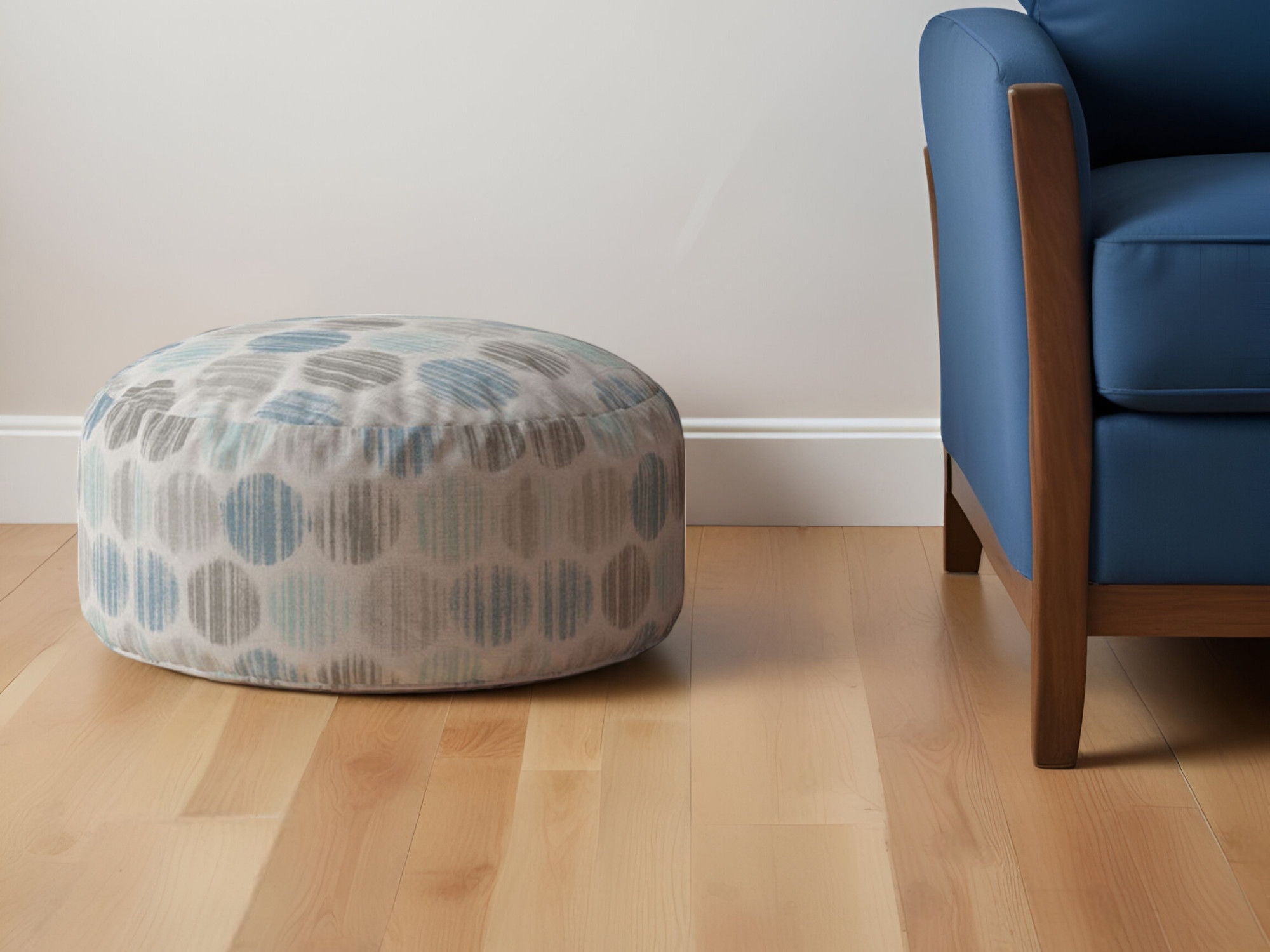 Cotton Round Polka Dots, Pouf Ottoman - Blue