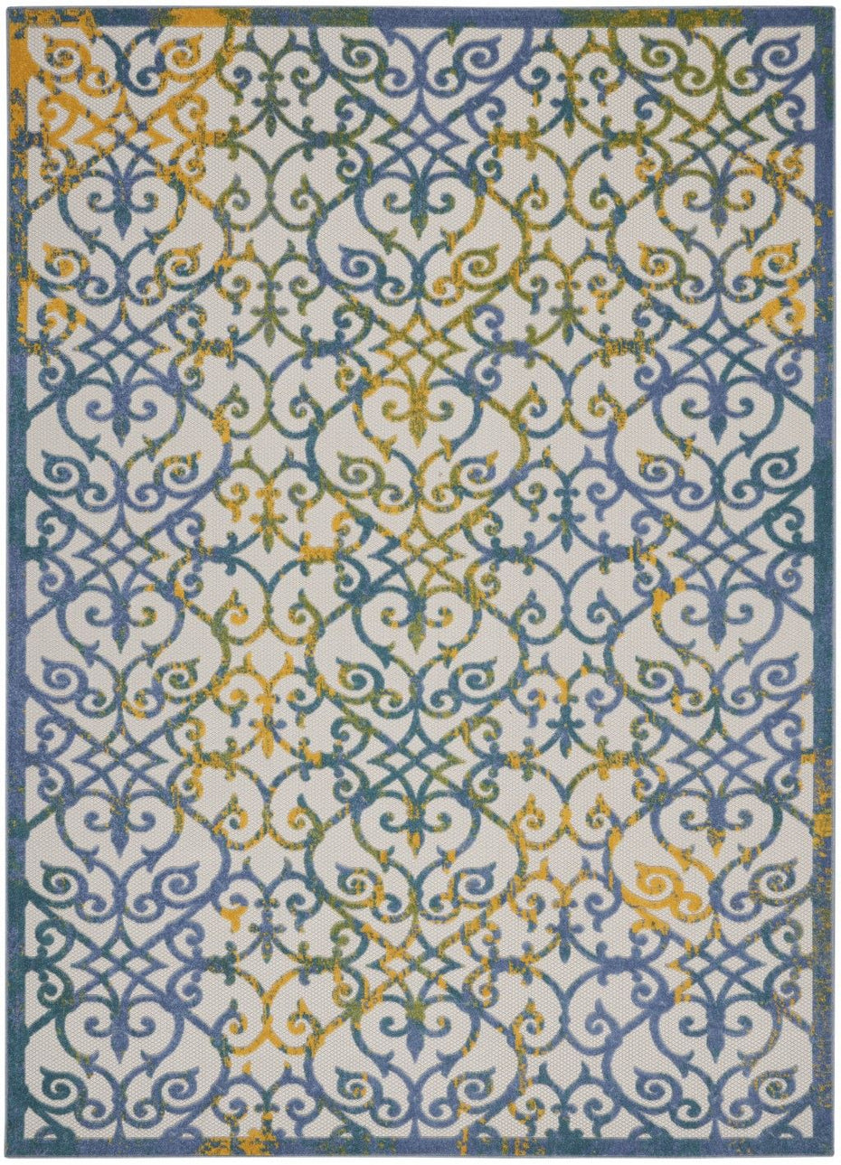 7' X 10' Floral Outdoor / Indoor Area Rug - Ivory / Blue