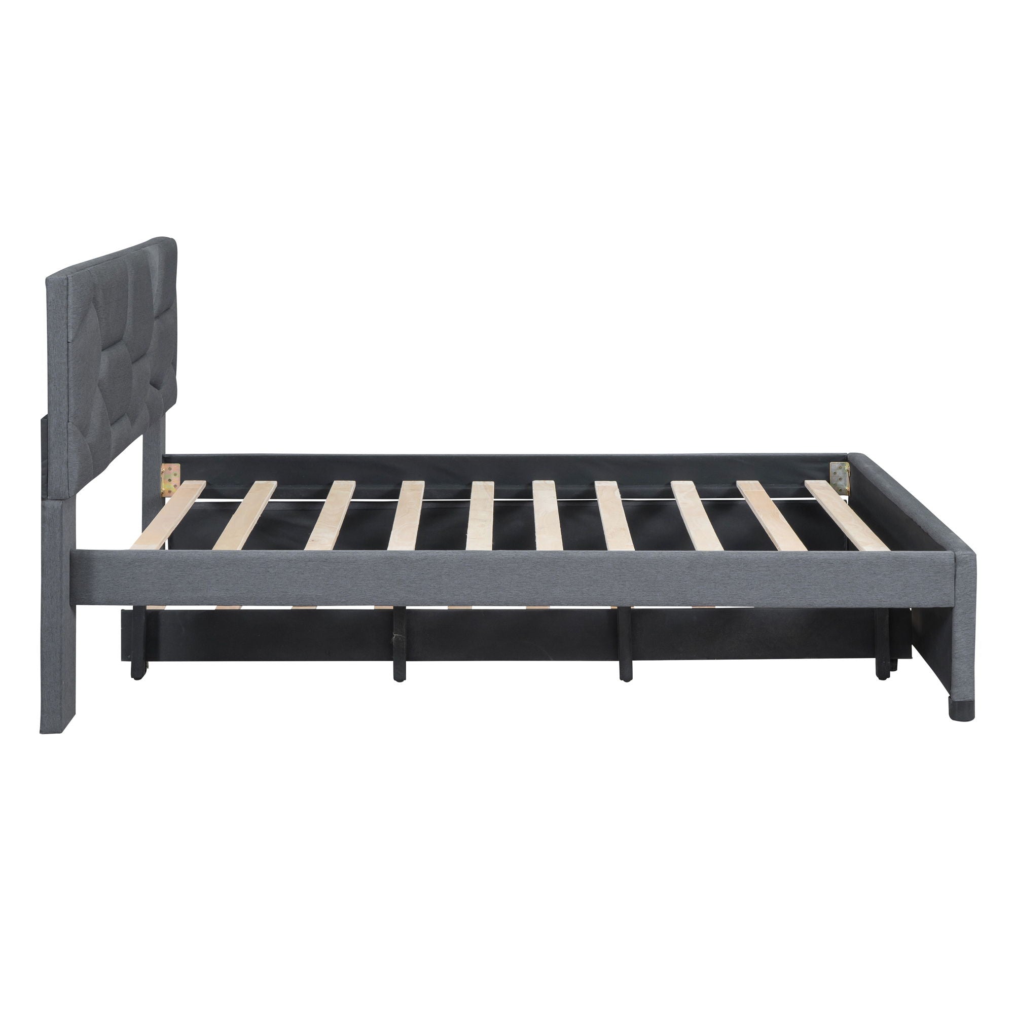 Upholstered Platform Bed With Brick Pattern Headboard And Twin Size Trundle, Linen