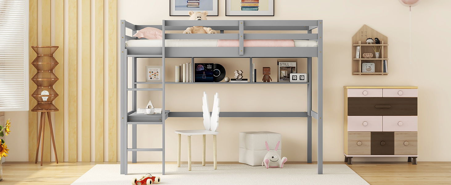 Loft Bed With Desk And Shelves, Safety Guardrail And Ladder