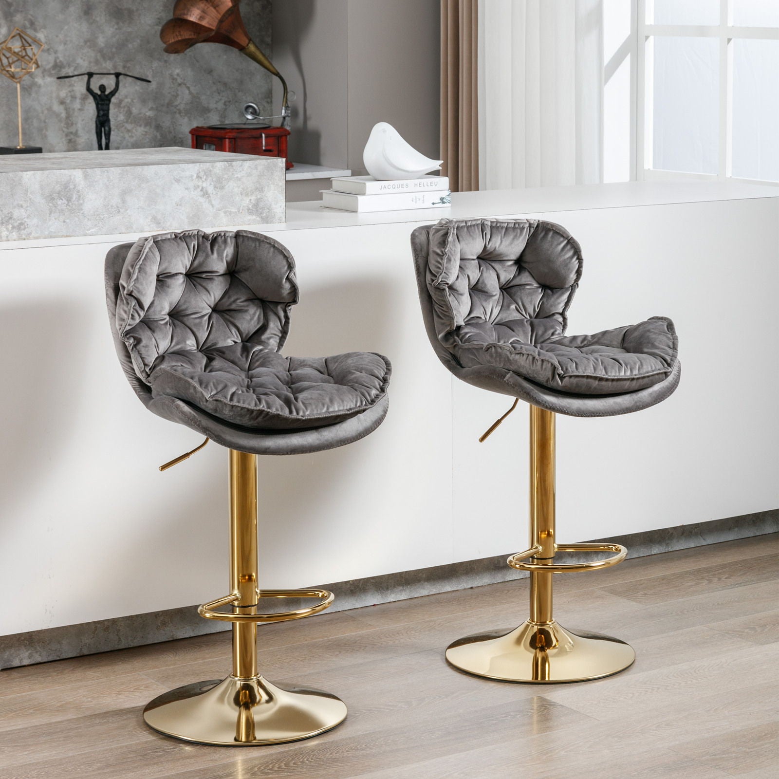 Swivel Bar Stools (Set of 2), Velvet Counter Height Adjustable Barstools, Dining Bar Chairs Upholstered Modern Bar Stool For Kitchen Island, Cafe, Bar Counter, Dining Room