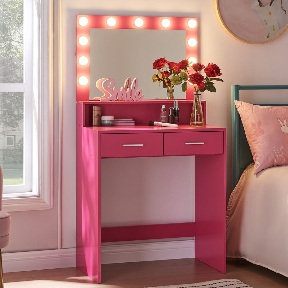 Vanity Desk With Mirror And Lights, Dressing Table With Large Drawer, 2 Level Storage Dresser & 3 Lighting Modes Adjustable Brightness, Suitable For Bedroom