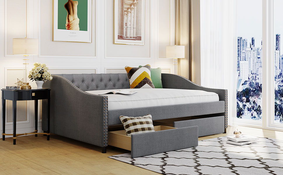 Full Size Upholstered Daybed With Two Drawers, Wood Slat Support