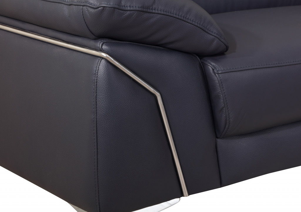 Genuine Leather Love Seat - Navy Blue / Silver