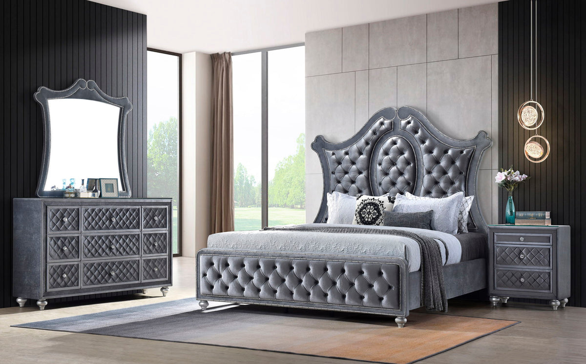 Cameo - Bedroom Set Dark Gray 4 Pc. Bed, Dresser, mirror, Nightstand King by Crown Mark | Bel Furniture