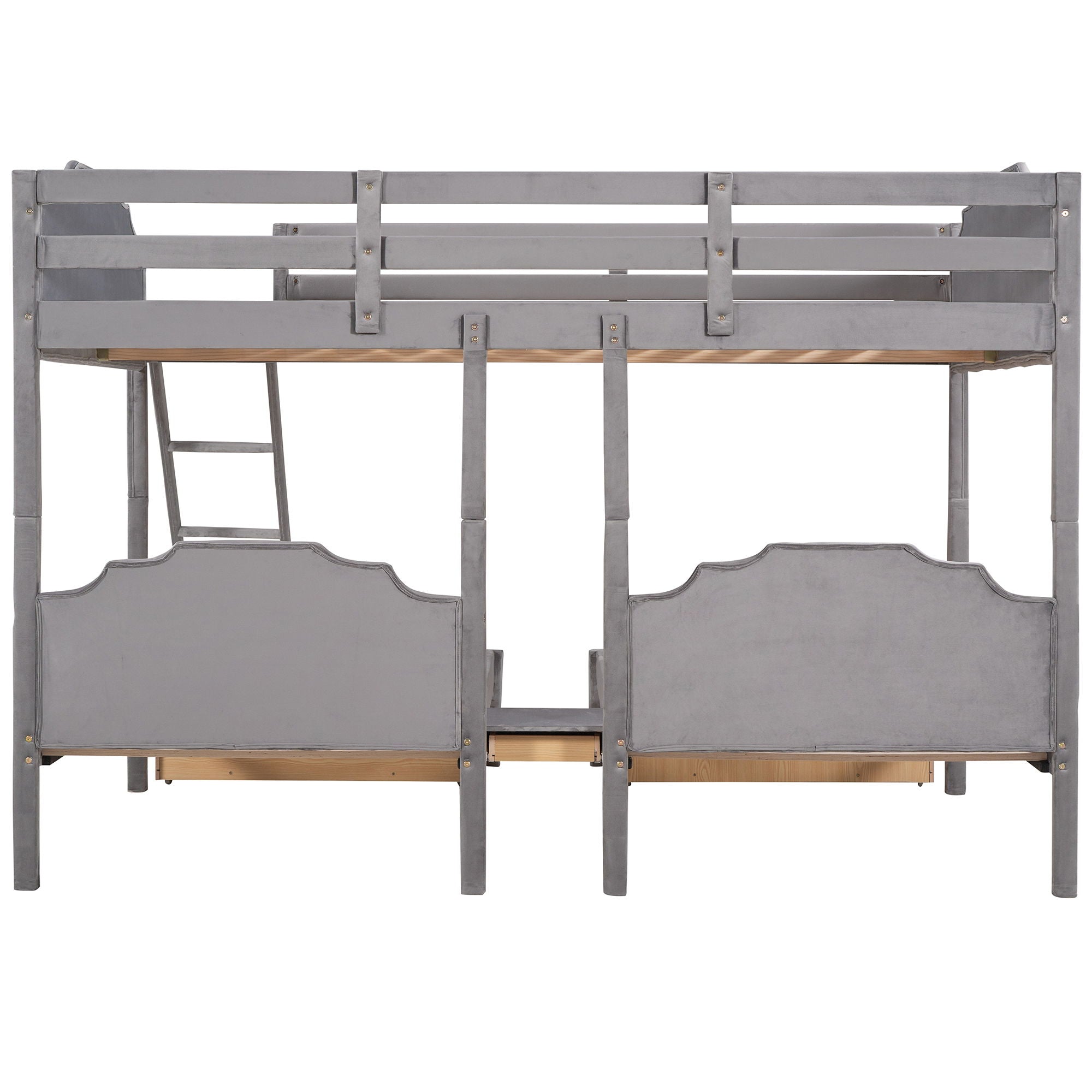 Full Over Twin & Twin Bunk Bed, Velvet Triple Bunk Bed With Drawers And Guardrails - Gray