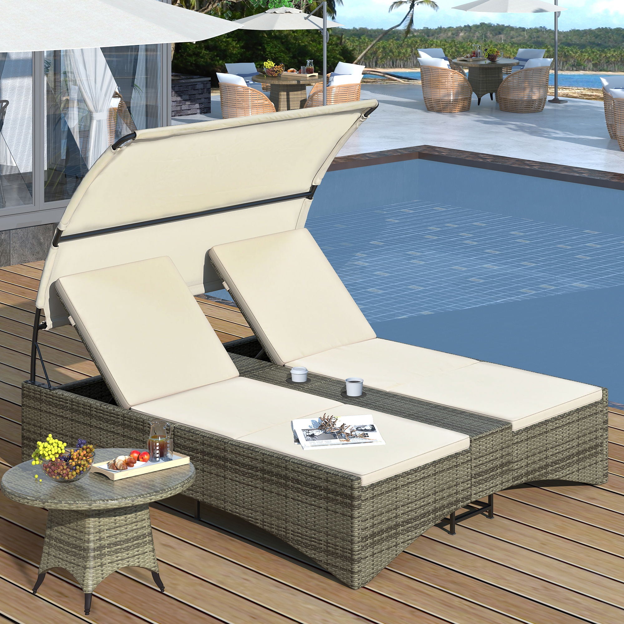 Patio Daybed Outdoor Daybed Sun Lounger With Shelter Roof With Adjustable Backrest, Storage Box And 2 Cup Holders For Patio, Balcony, Poolside