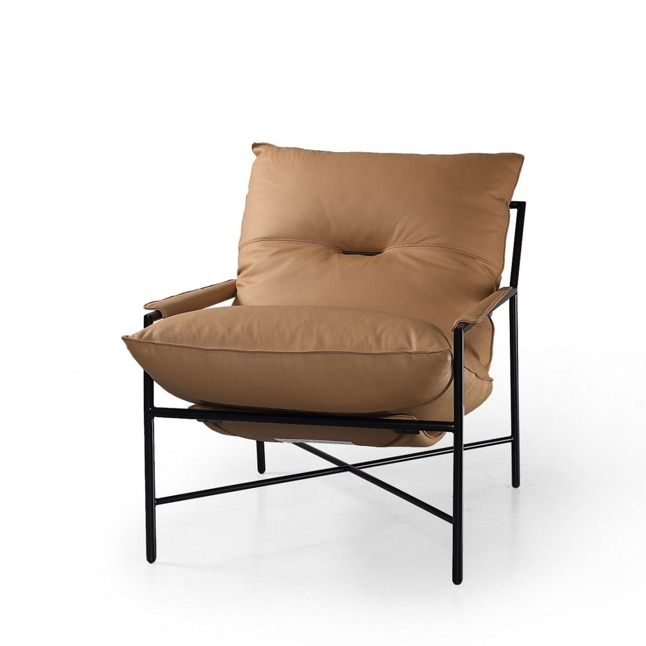 Top Grain Leather And Black Solid Color Arm Chair - Camel