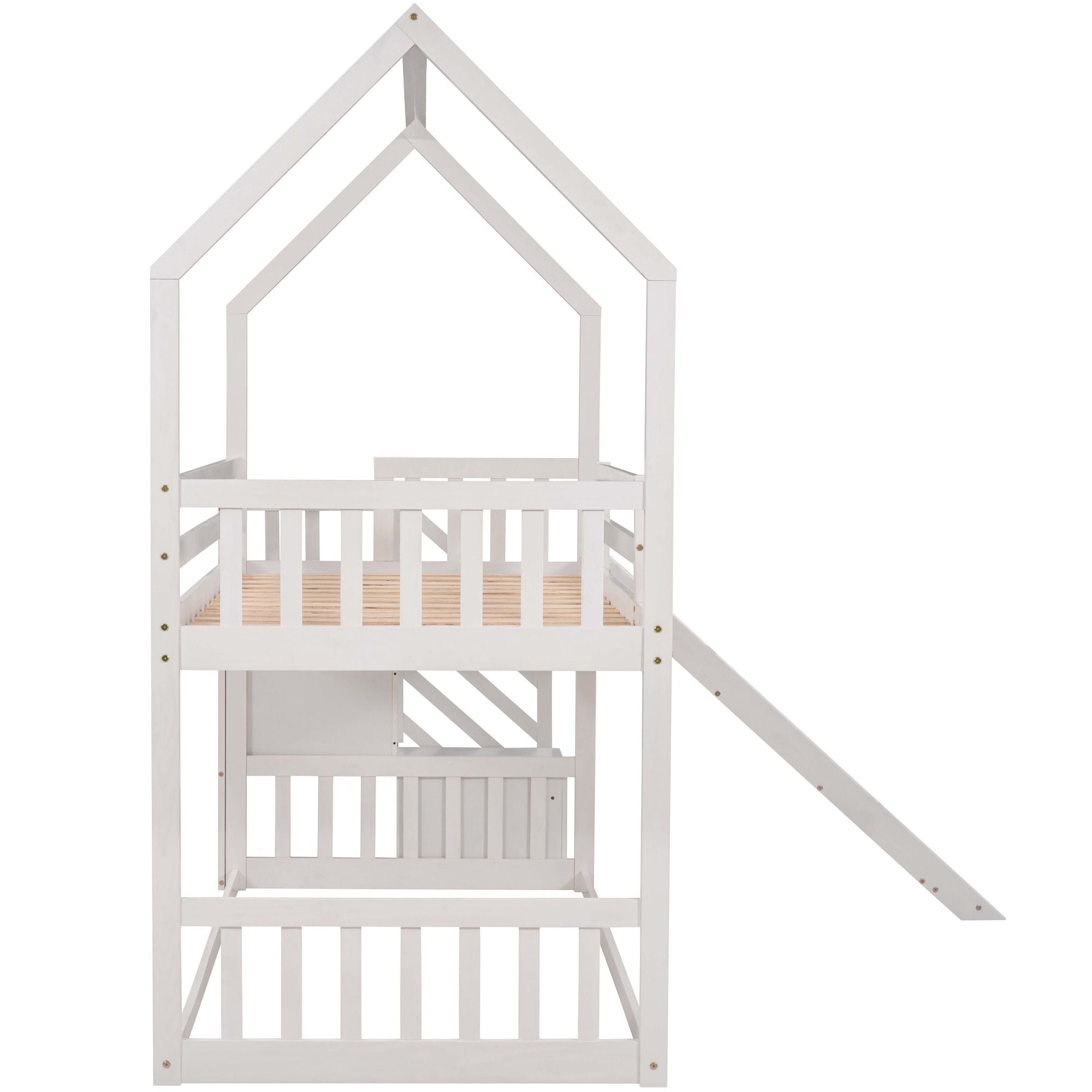 Twin Over Twin House Bunk Bed With Convertible Slide, Storage Staircase