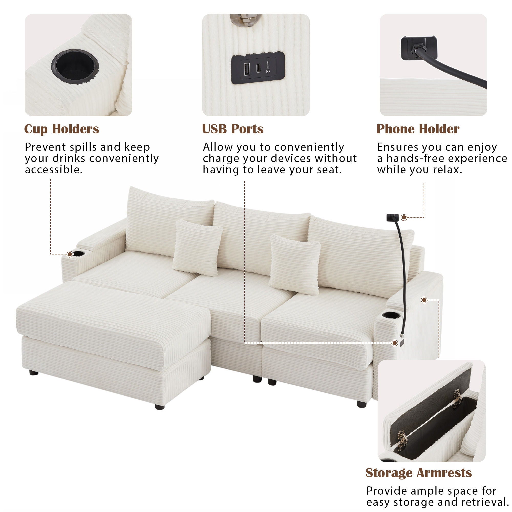 Modern Style Loveseat Sofa Sectional Sofa Couch With Storage Space, A Movable Ottoman, Two USB Ports, Two Cup Holders, A Phone Holder For Living Room