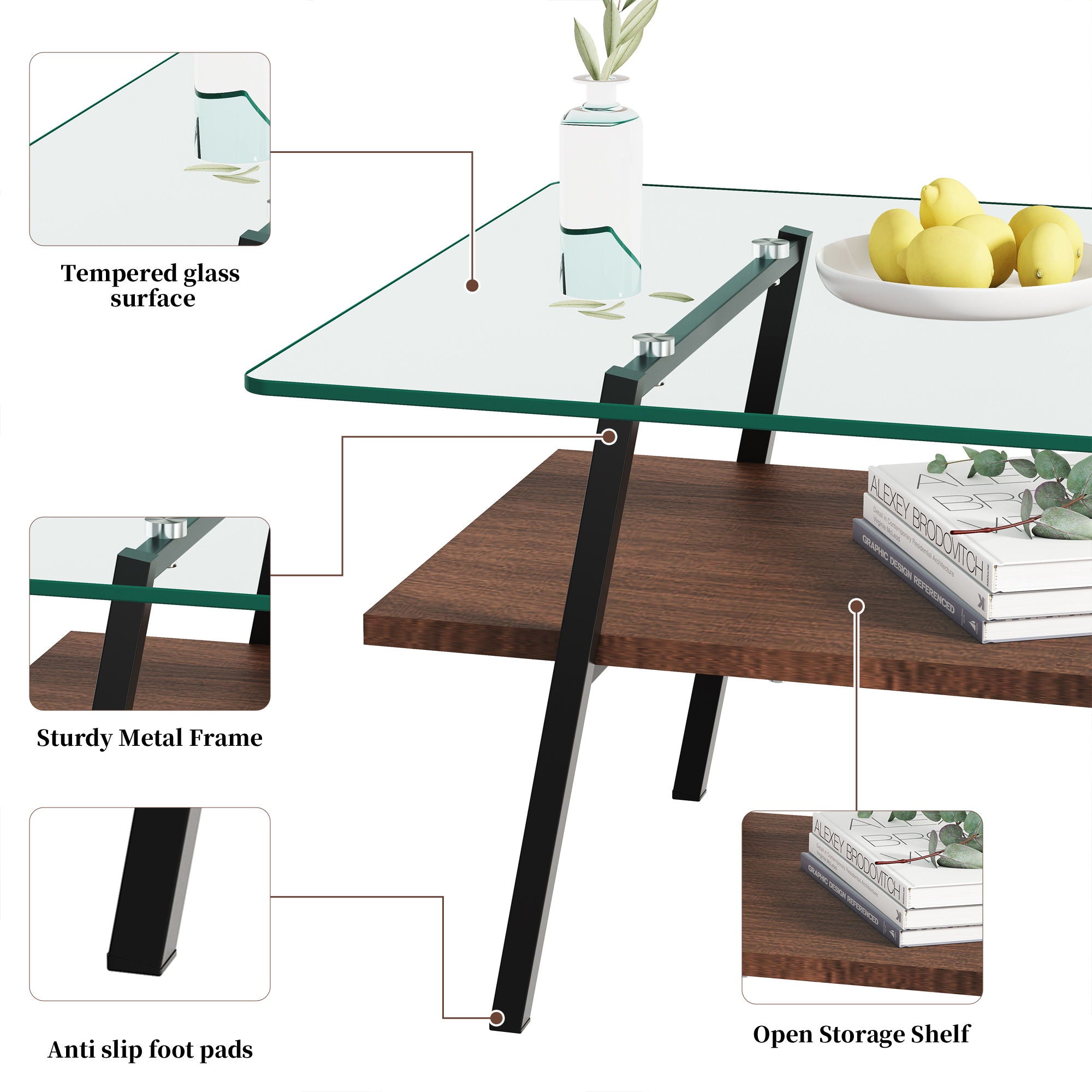 Rectangle Coffee Table, Tempered Glass Tabletop With Metal Legs, Modern Table For Living Room